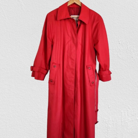 London Fog Red Midi Trench Coat Size 12 Petite 80's,Belted, Pockets, Lined - Picture 4 of 11